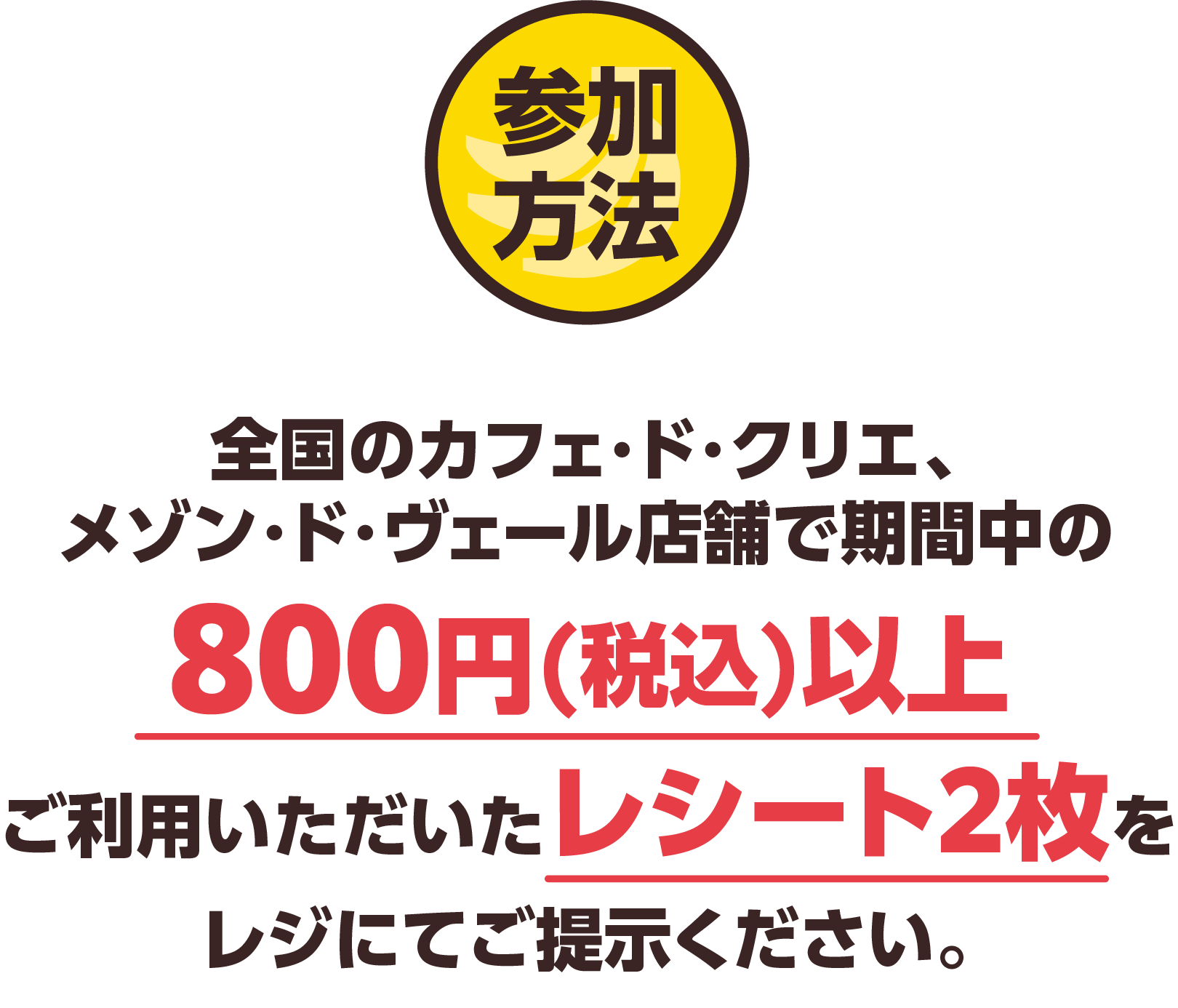 参加方法 全国のカフェ・ド・クリエ、メゾン・ド・ヴェール店舗で期間中の800円(税込)以上ご利用いただいたレシートを2枚をレジにてご提示ください。